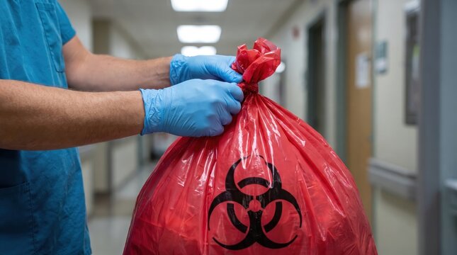 Close up view of a medical staff member sealing a red infectious waste bag with biohazard symbol.