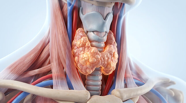 3D Medical Illustration of Human Thyroid Gland Anatomy Showing Endocrine System Structure and Blood Vessels for Healthcare Education