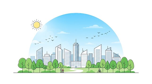 Eco friendly green city skyline landscape with sun solar power and urban park environmental protection concept banner
