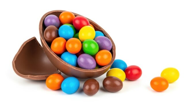 Broken chocolate easter egg filled with colorful candies on white background.