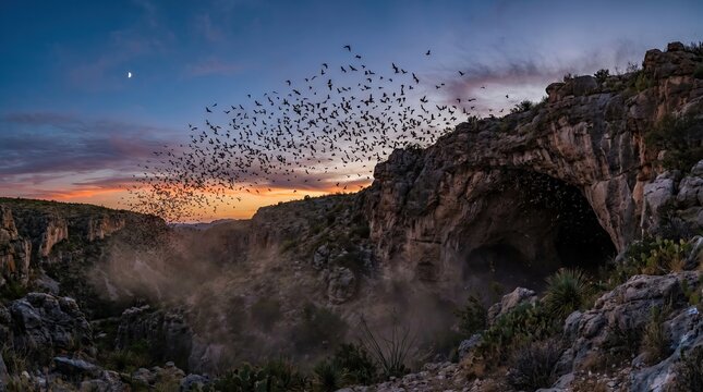 Group of Bats Flying at Dusk in Dramatic Landscape