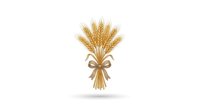 Golden bundle of wheat ears tied with ribbon icon isolated on white background harvest and agriculture concept
