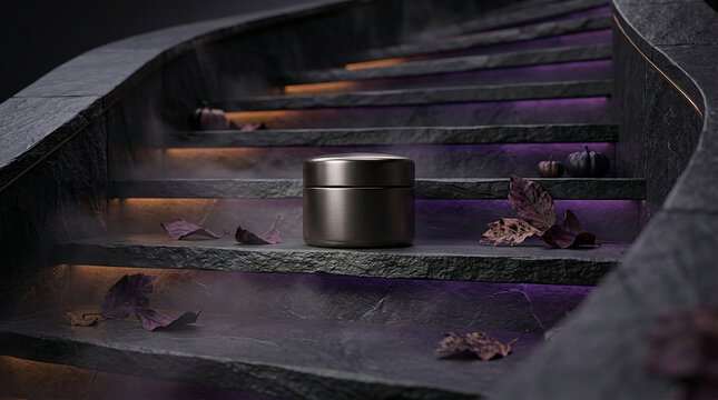 Small dark metallic cosmetic container resting on a modern staircase with soft purple accent lighting cosmetic jar skincare container luxury beauty staircase