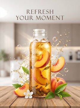 Refreshing Iced Peach Tea Beverage Served In A Glass Bottle With Natural Fruit Slices And Splash