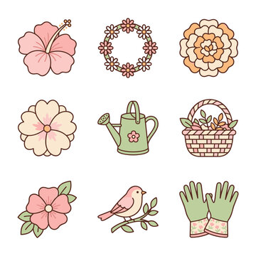 Collection of cottagecore style flat icons with flowers, watering can, bird, and basket, soft pastel pink and cream color palette