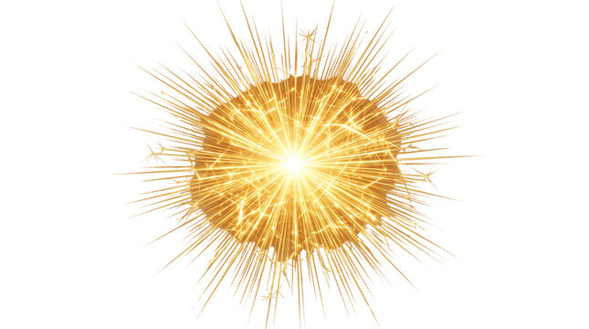 Bright golden explosion with radiating light rays on a white background.