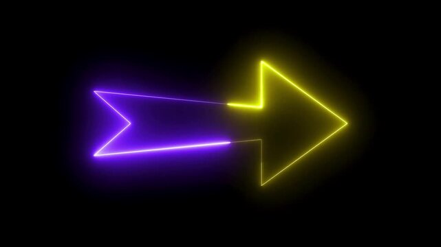 Glowing neon arrow sign with purple and yellow light isolated on black background.