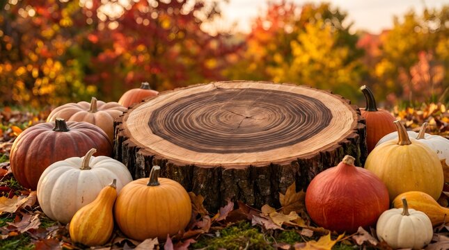 A beautiful rustic wooden display stand surrounded by colorful autumn pumpkins and fall leaves celebrating a happy thanksgiving day holiday season scene