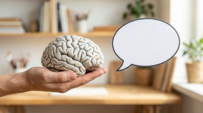 Hand holding a model brain next to an empty speech bubble, representing thoughts, ideas, and communication. Perfect for concepts related to intellect, psychology, and learning.