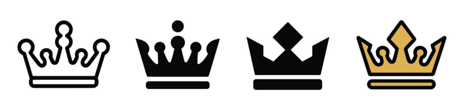 Set of four distinct crown including outlined, solid black, geometric, and gold-filled variations on a white background