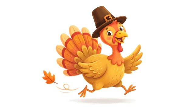 A cheerful cartoon turkey wearing a brown pilgrim hat celebrating the joyous and heartwarming spirit of thanksgiving day with delightful charm