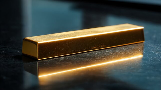 A single shiny gold bar resting on a reflective dark stone surface.
