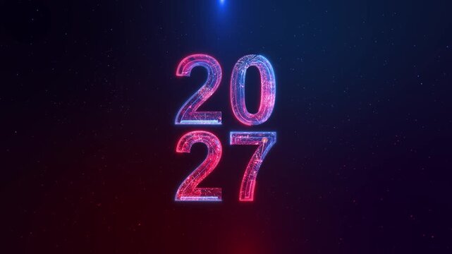 Bright 2027 New year feature glass styling, electric lines, luminous details background. futuristic celebrations, youth events, virtual parties, 19 presentations television digital advertising
