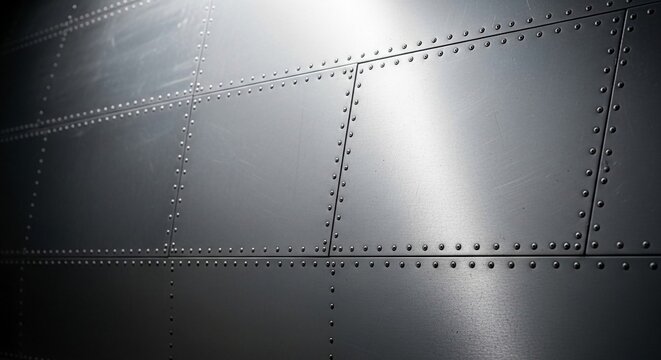 Close-up of riveted aluminum aircraft panels with reflective metallic surface
