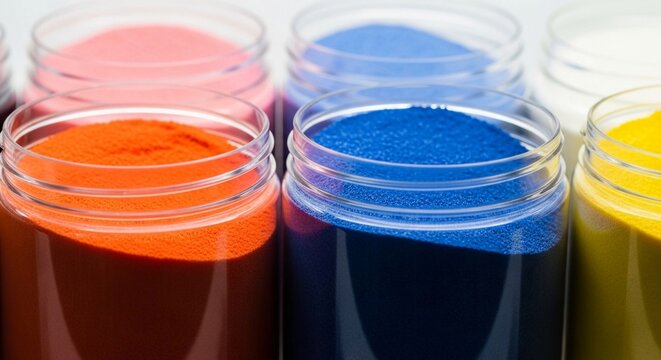 Close-up of vibrant colored polymer powders in clear plastic containers showcasing raw material variety