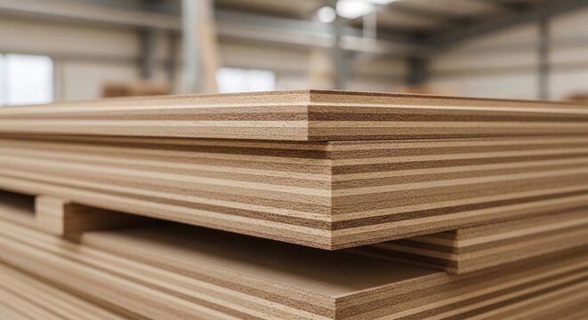 Close-up view of stacked engineered wood plywood panels showcasing intricate layered grain texture and construction material details.