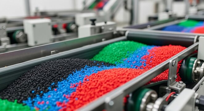 Close-up view of vibrant, colorful plastic pellets on a manufacturing conveyor belt, showcasing industrial production processes