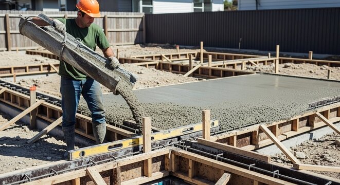 Construction worker carefully pouring fresh concrete into foundation formwork at a building site