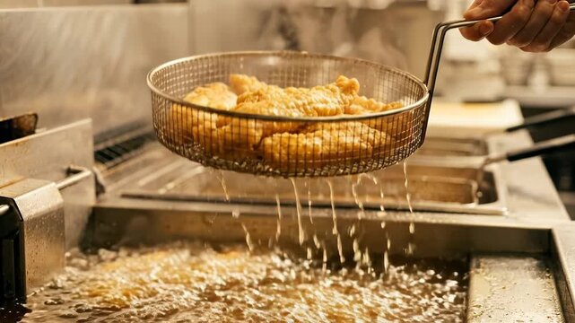 Close Up View of Crispy Golden Fried Fish Fillets Being Lifted from Hot Oil in a Deep Fryer Basket