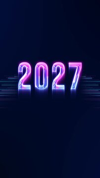 Glowing 2027 numerals vivid magenta, neon lines futuristic background light trails. for modern New Year countdowns, 19 events, gaming promotions, digital greetings, and energetic openers.