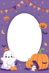 Fototapeta premium Decorative halloween oval frame with pumpkins and ghost in witch hat cute ghost halloween border cartoon pumpkin halloween party trick or treat ghost character spooky season halloween design