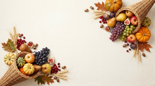 Two traditional cornucopia baskets filled with fresh autumn fruits and vegetables arranged on a clean white background for thanksgiving holiday celebration