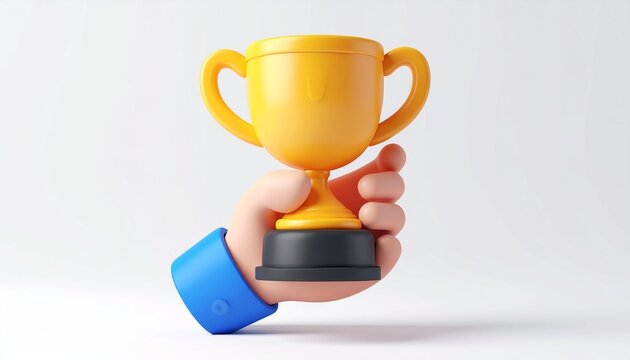 Golden Winner Trophy Cup 3D Icon with Hand Holding Award