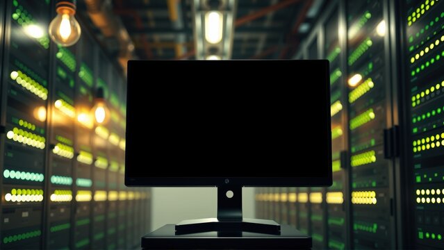 Dark server room. Monitor front center, illuminated by green lights. Vintage bulbs add warm glow. Technology infrastructure visible.