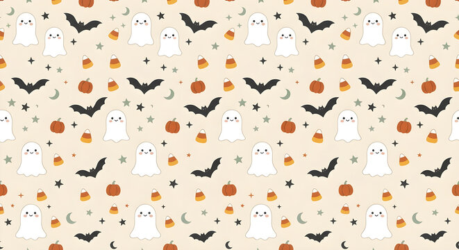 Seamless pattern design for Halloween with cute little ghosts, bats, pumpkins, and candy corn on a cream background