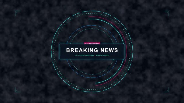 Breaking news logo animation with futuristic digital tech circles and glitch effect