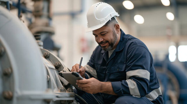 A Moroccan plant reliability engineer crouches beside a large industrial pump, attaching vibration monitoring sensors while reviewing historical bearing failure data on a