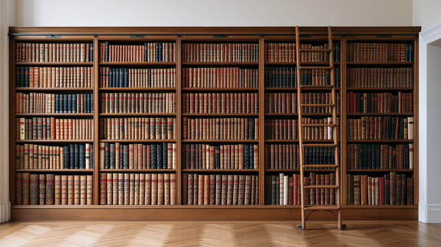Floor-to-ceiling library wall filled with rare antique books whose embossed gold foil spines display centuries of typeface evolution from Blackletter to Garamond, a wooden rolling