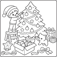 Fototapeta premium Christmas Coloring Page for Adults, Cute Kawaii Winter Holiday Scene, Black and White Line Art, Cozy Cottagecore Illustration for Coloring Book