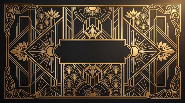 Elegant art deco golden border frame design with geometric black background for luxury invitation card