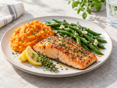 Roasted Salmon Plate with Mashed Sweet Potato and Garlic Green Beans
