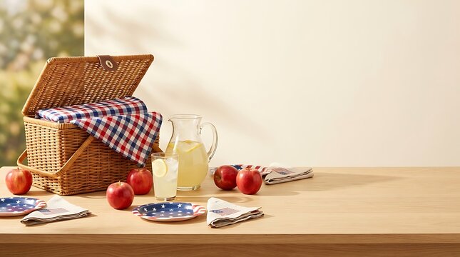 Classic picnic basket arrangement with fresh apples and cold lemonade on a wooden table surface