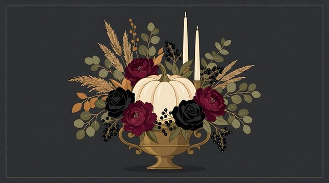 Elegant halloween floral arrangement with white pumpkin and roses