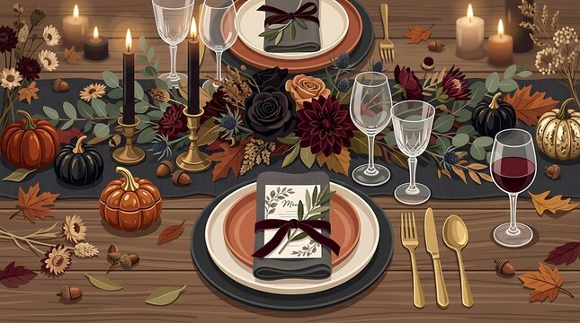 Halloween dinner table setting with pumpkins and candles on wood