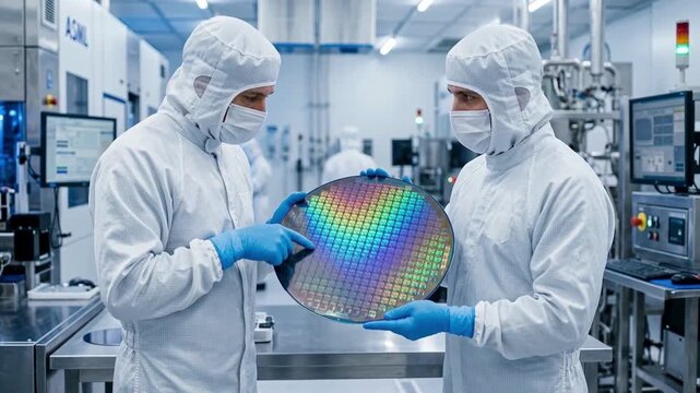 Semiconductor engineers inspecting silicon wafer together near lithography equipment for chip manufacturing concept