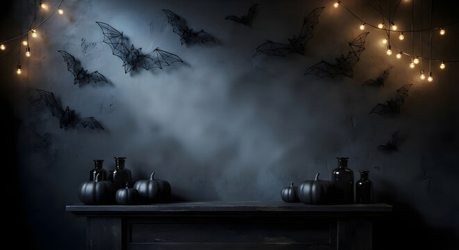 Dark atmospheric Halloween background with black wire bats, glowing fairy lights, and matte black pumpkins on a rustic shelf against a textured wall with negative space