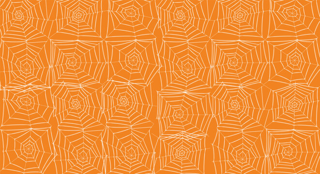 Seamless pattern with white spider webs on orange background