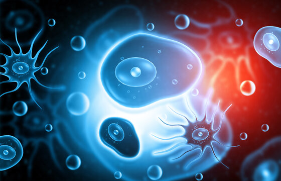 3D scientific illustration of a microscopic amoeba cell floating against a glowing abstract biological background.