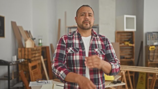 Man carpenter in plaid shirt standing with arms crossed over wood planks and a hardhat on a worktable in a building; defiance.