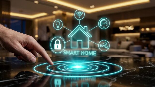 User touching marble table projecting smart home hologram interface for futuristic home automation concept