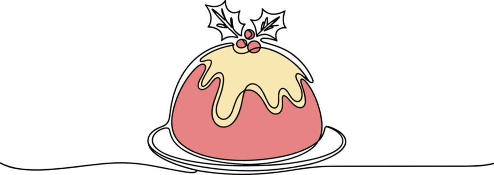 Continuous one line drawing of traditional Christmas pudding dessert with holly leaves ornament for festive holiday banner vector