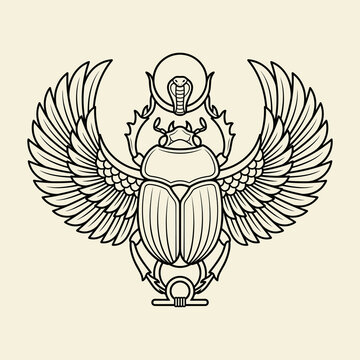 Ancient Egyptian winged scarab beetle line art illustration featuring a sun disk with a cobra and a shen ring, black and white vector-style graphic on a cream background.