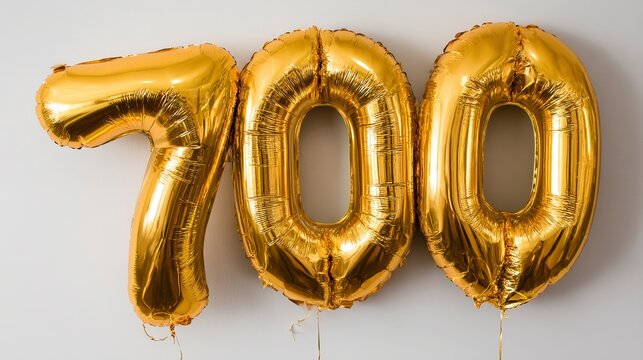 A gold balloon in the shape of the number 700 against a plain white background