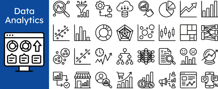 Data Analytics Metrics outline icon set. Featuring bar chart, pie graph, scatter plot, dashboard symbols. Editable stroke vector icons for BI report and performance tool.