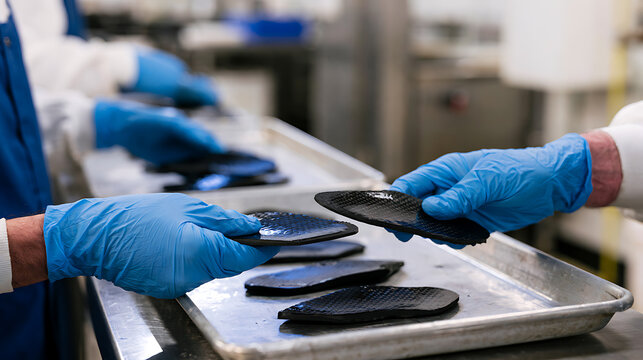 Industrial factory workers in protective blue gloves carefully inspect and handle carbon fiber shoe insoles on a stainless steel assembly lin