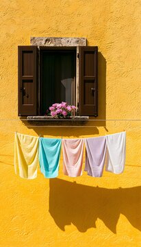 Rustic Mediterranean wall with yellow stucco and pastel towels hanging on a sunny clothesline view